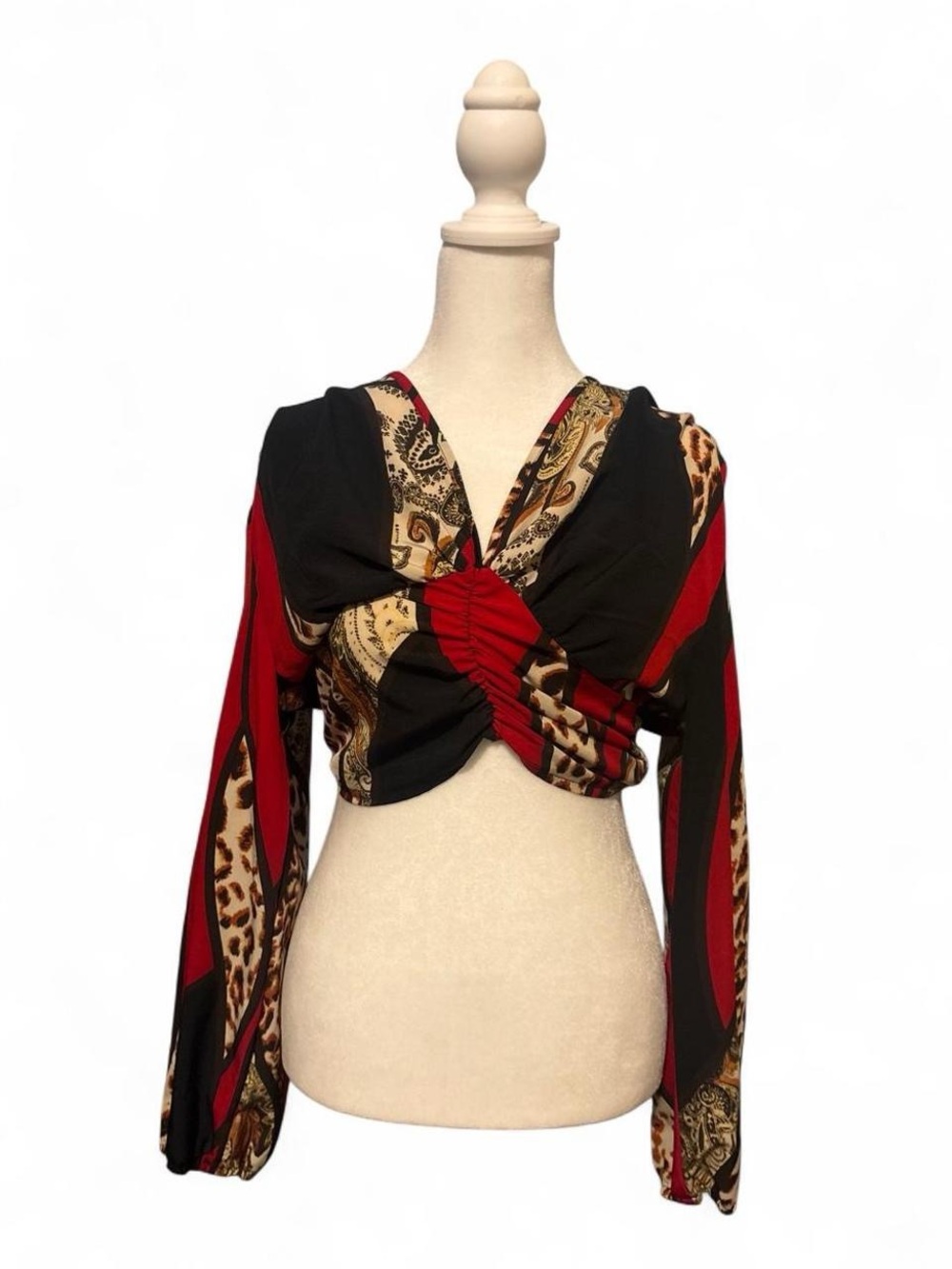 Multi Print Rutched Crop Top Long Sleeve